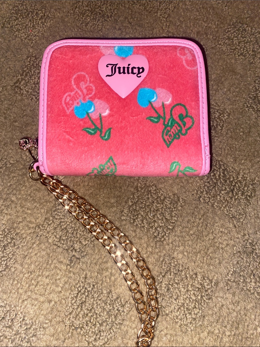 Juicy Couture Pink Plush Floral Wallet with Gold Chain